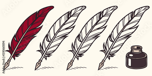 Vintage Quill Feathers and Inkwell - Red and Black & White Feathers - Writing Literature Theme - Cartoon Pen Ink - Classic Retro Antique Design