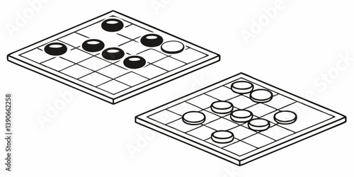 Isometric Black and White Go Game Boards and Stones Illustration