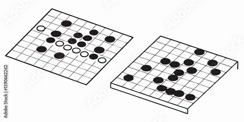 Isometric Go Game Boards with Black and White Stones Line Art Illustration