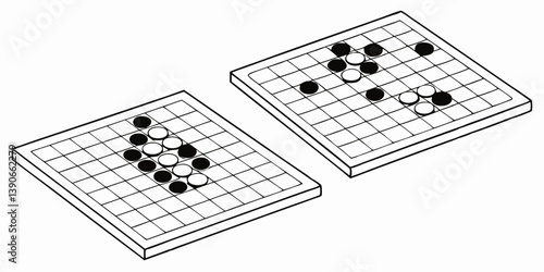Isometric Go Game Boards - Strategic Black and White Line Drawing