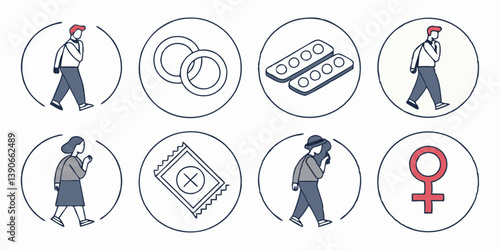 Health & Contraceptives Vector Icons: Cough, Rings, Pills, Condom, Female Symbol - Blue & Red Line Art