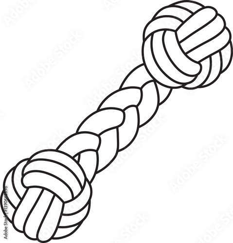 vector illustration of a rag toy for a dog, balls, connected rope pigtail, simple linear icons, doodle and sketch style, hand-drawn, isolated on a white background