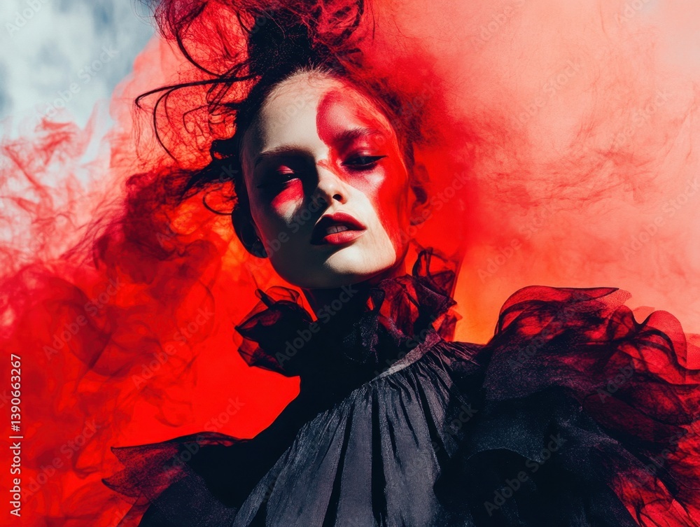Fototapeta premium Crimson Dream: A portrait of a young woman is engulfed in a red aura of artistry, blending her ethereal beauty with abstract form in a symphony of color and emotion.