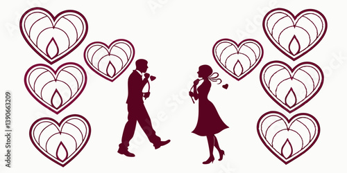 Romantic Valentine's Day Silhouette Couple Vector Art Image with Heart Flame Decorations for Love and Romance Maroon Background Design