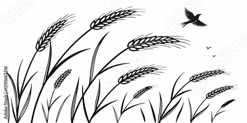Black and White Windy Wheat Field with Bird Flying Line Art Illustration