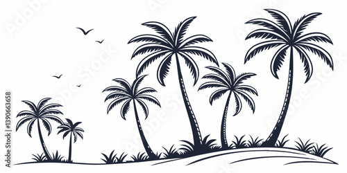 Vintage Black and White Tropical Palm Trees Beach Vector Hand-Drawn Landscape Scene Illustration Art