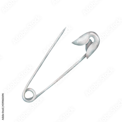 Steel safety pin watercolor illustration isolated on white. Tailor tool for needlework. Hand drawn sewing accessories, graphic element for design.