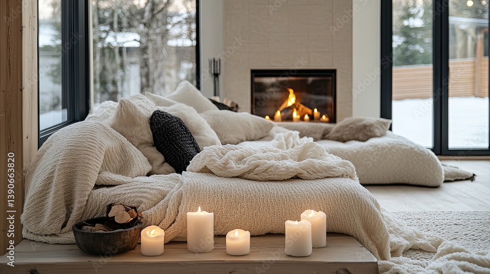 A fireplace-centered hygge area with creamy white textures: a sofa wrapped in layers of wool fabrics