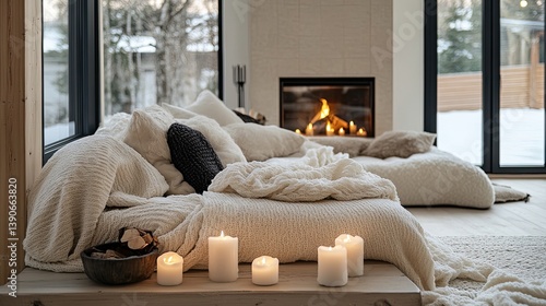 Obraz na płótnie A fireplace-centered hygge area with creamy white textures: a sofa wrapped in layers of wool fabrics w salonie