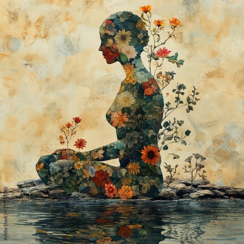 Conceptual image of mind-body balance with nature and Ayurvedic symbolism