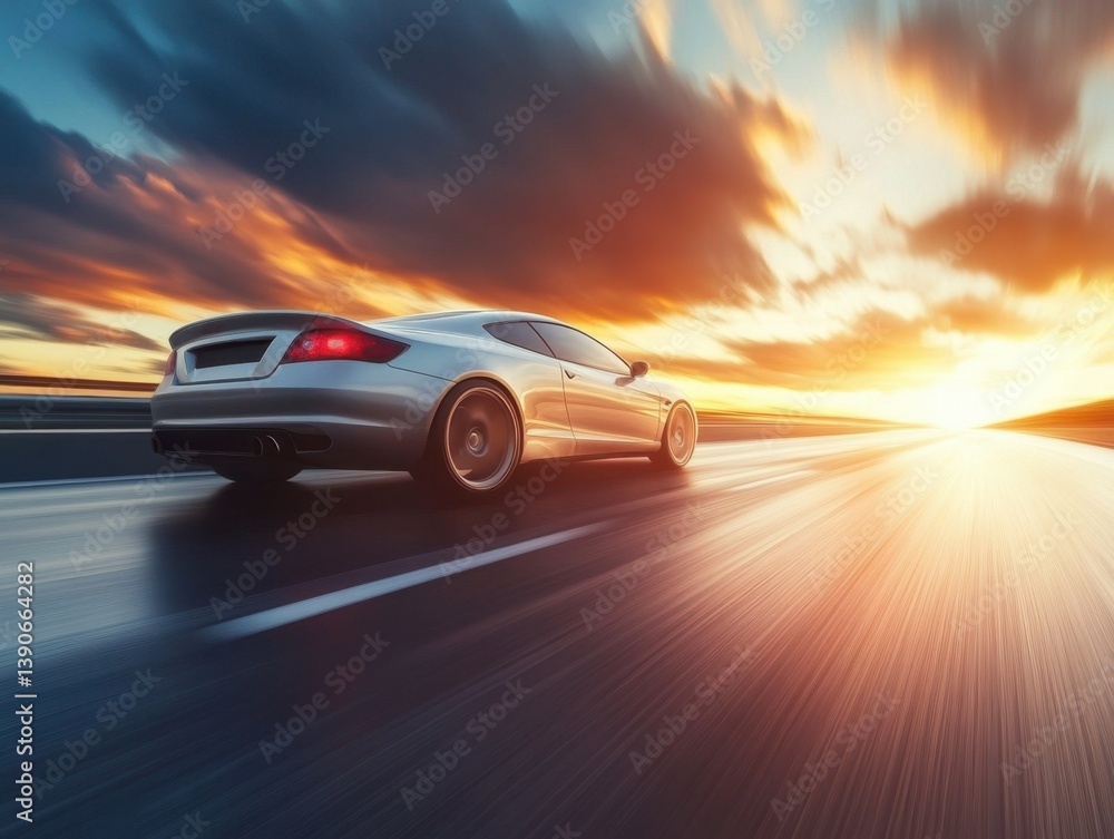Fototapeta premium Speed and Serenity: A sleek, silver sports car races along an open highway bathed in the warm glow of a vibrant sunset, symbolizing freedom and the open road.