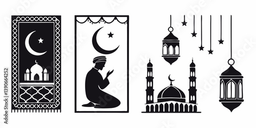Ramadan Islamic Vector Icons: Mosque, Crescent Moon, Star, Lantern, Muslim Prayer Rug, Muslim Prayer - Black & White Religious Design