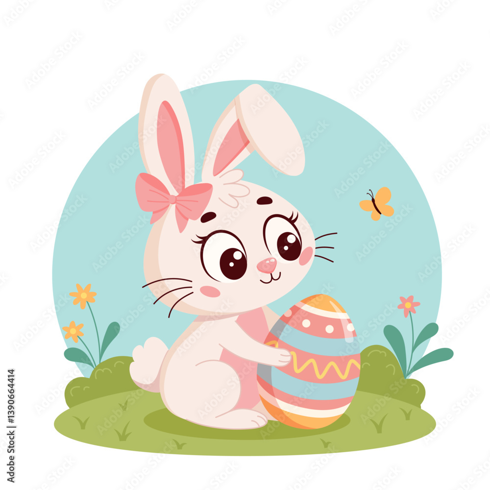Obraz premium Cute cartoon bunny with a pink bow sitting on grass and holding a decorated Easter egg. Flowers, butterfly, and bright spring colors. Vector illustration.