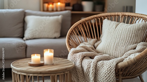 A hygge-centered cozy corner featuring natural textures like a wool throw over a rattan chair
