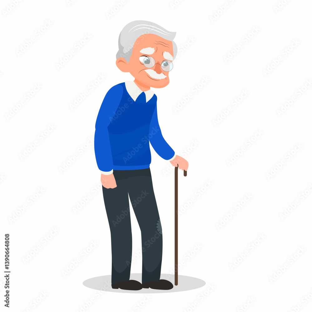 Vector illustration old man. An elderly man with glasses and walking cane. Vector illustration old man. An elderly man with glasses and walking cane.