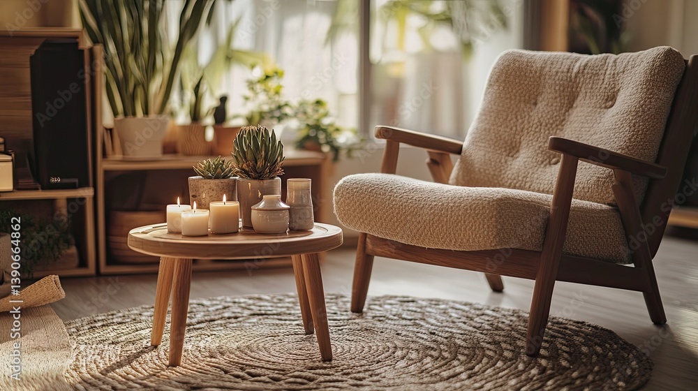A hygge-focused Scandinavian space with a warm beige armchair