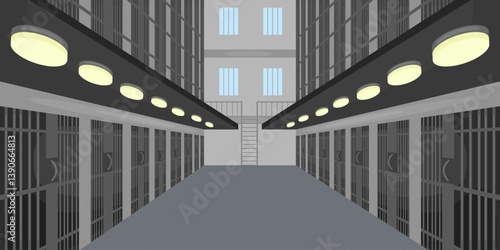 vector illustration of prison jail building inside. Rows of prison cells