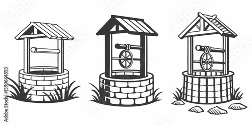 Vintage Rustic Water Wells Black and White Line Art Illustration Three Brick Wells Wooden Roofs Crank Mechanism Countryside