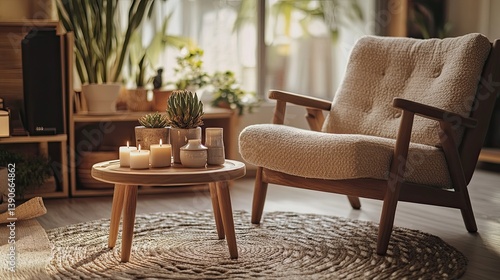 Obraz na płótnie A hygge-focused Scandinavian space with a warm beige armchair w salonie