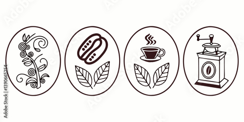 Coffee Icons Set - Black and White Line Art - Coffee Plant with Berries, Beans, Cup, Grinder - Cafe, Beverage, Drink, Coffee Prep, Vector Illustration Design
