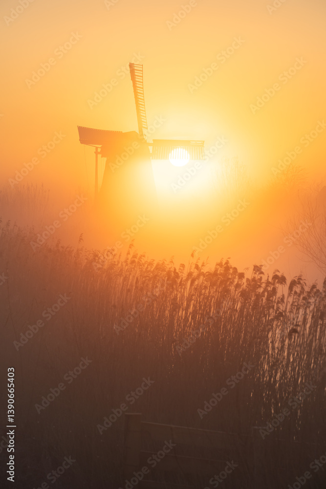 Sunrise at a Dutch, traditional windmill and a canal in the spring fog.