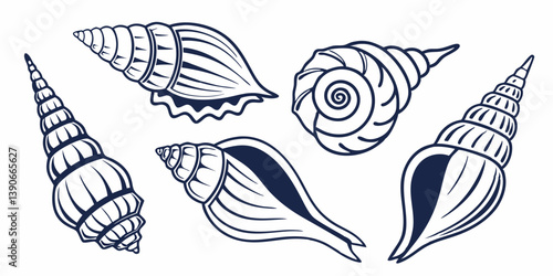 Seashells Vector Line Art Set | Marine Ocean Beach Summer | Hand Drawn Seashell Outlines Illustrations | Nautical Shell Design Vector Art Image Set