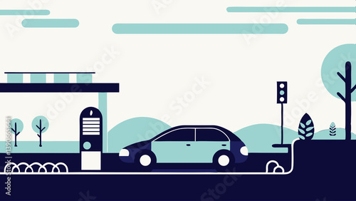 Electric car parked near charging point in flat abstract style, AI Generation