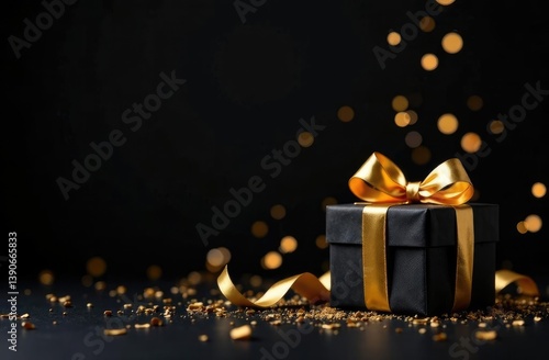 Black gift box with gold ribbon and glitter on black background. Black Friday.
