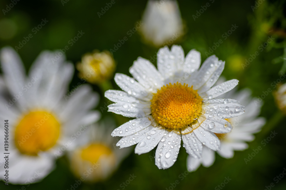 Fototapeta premium Snow-white chamomile in drops of water after rain