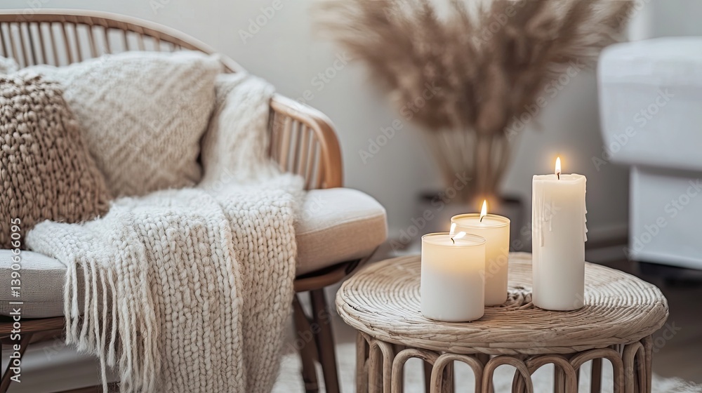 A hygge-centered cozy corner featuring natural textures like a wool throw over a rattan chair