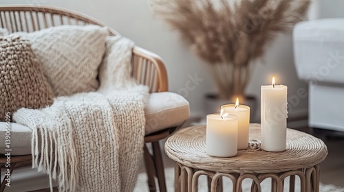 Obraz na płótnie A hygge-centered cozy corner featuring natural textures like a wool throw over a rattan chair w salonie