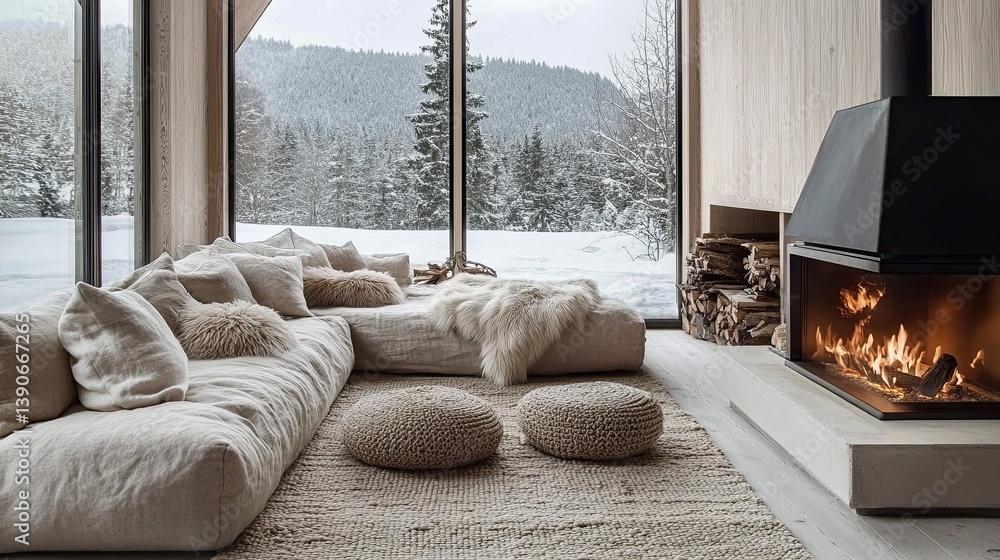 A hygge-inspired winter retreat with snow-covered window views