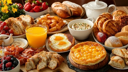 Wallpaper Mural Bountiful Breakfast Spread Vibrant Still-Life Arrangement of Fresh Fruits, Orange Juice, Eggs, Pastries and Sliced Bread on a Warm Wooden Table, Evoking Indulgence and Morning Torontodigital.ca