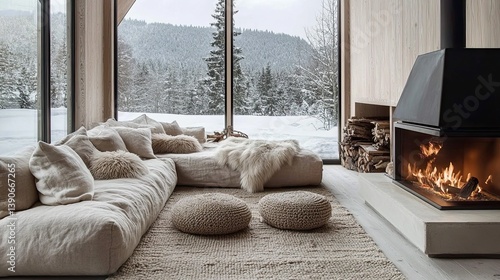 Obraz na płótnie A hygge-inspired winter retreat with snow-covered window views w salonie