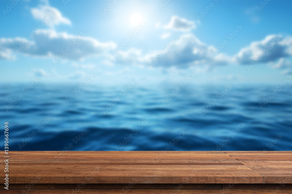 Fototapeta premium Summer tropical sea with empty wooden table and blue sunny sky. Wide template background with copy space for your product