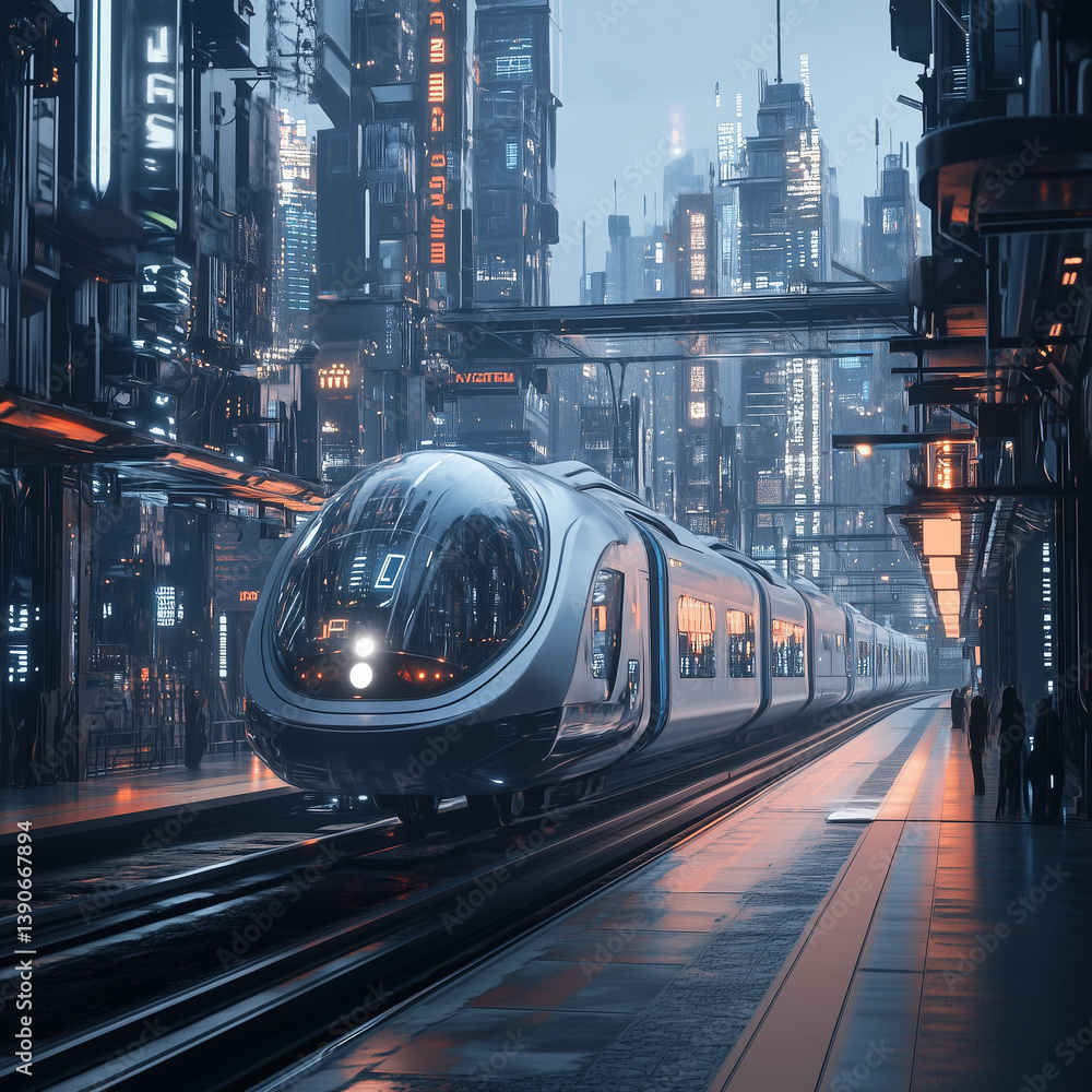 Modern train in future city. Generative AI. Modern train in future city. Generative AI.