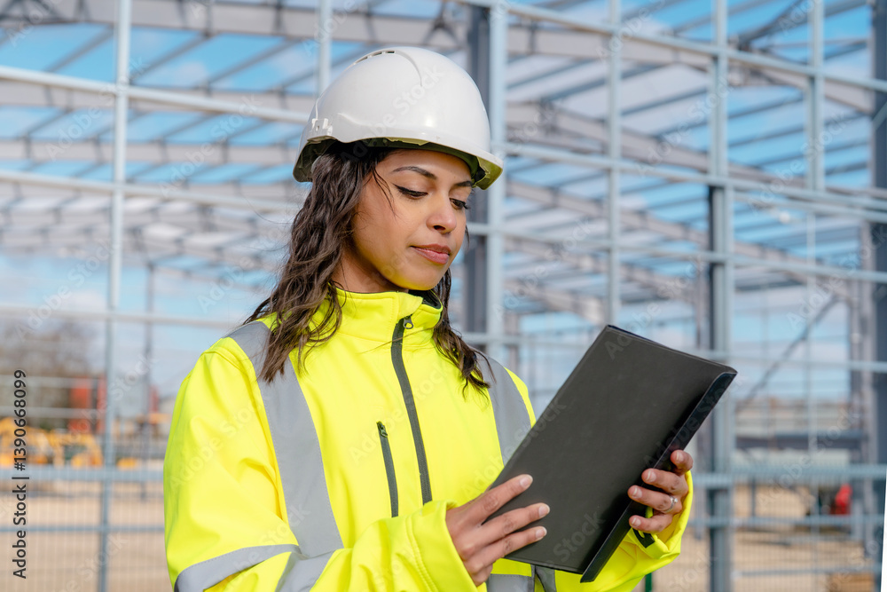 Female builder manager evaluates plans on tablet at steel fraqme building site Female builder manager evaluates plans on tablet at steel fraqme building site