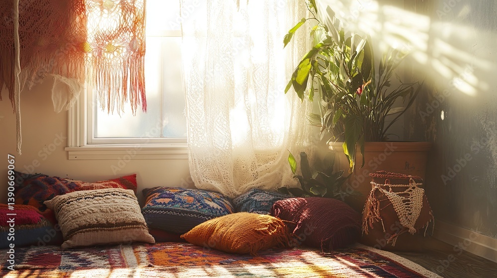 a hygge bohemian-inspired corner featuring colorful mixed textures: cushions