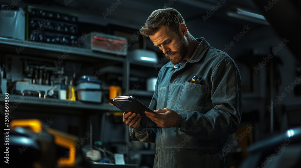 A grease-stained mechanic in coveralls checks lubricant levels, making notes on his clipboard. Shelves with spare parts and tools surround him. A grease-stained mechanic in coveralls checks lubricant levels, making notes on his clipboard. Shelves with spare parts and tools surround him.