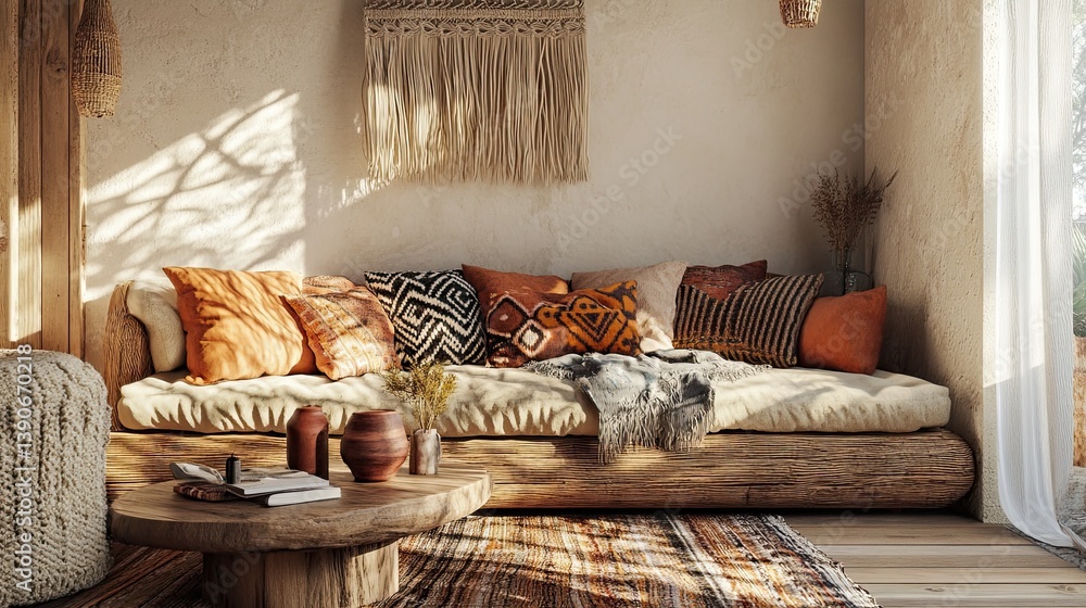 A hygge bohemian-style living room with macram?(C) decor
