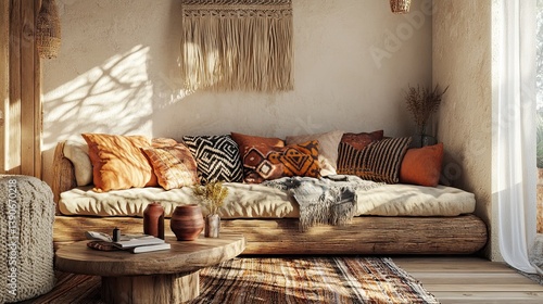 Obraz na płótnie A hygge bohemian-style living room with macram?(C) decor w salonie