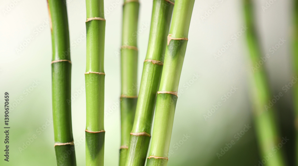 Fototapeta premium Green bamboo stems on blurred background, closeup