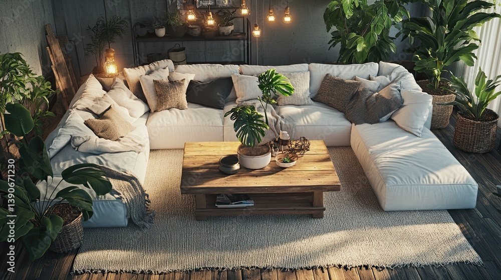 A hygge haven with a wooden coffee table surrounded by a white sectional with thick pillow layers