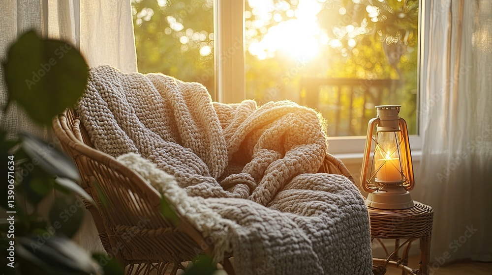 A hygge living room nook bathed in filtered sunlight from a nearby window