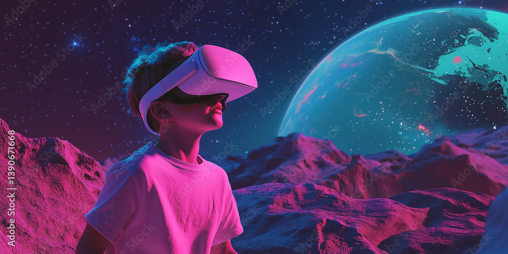 Obraz premium Virtual Reality Voyager: A young explorer, lost in the awe of a virtual world, wearing a virtual reality headset. Immersed in the fantastical digital realm of exploration. 