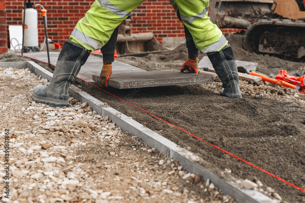 Construction worker laying paving stones on sand base Construction worker laying paving stones on sand base