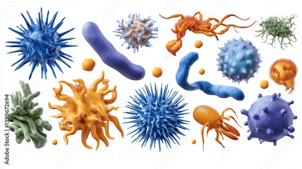 Fototapeta premium Tiny microbes and viruses appear in sharp detail against a clean white background, highlighting their forms.