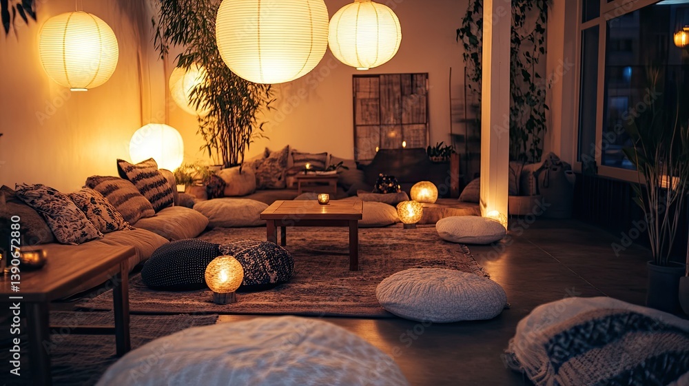 A hygge retreat with a floor cushion seating area surrounded by low wooden tables