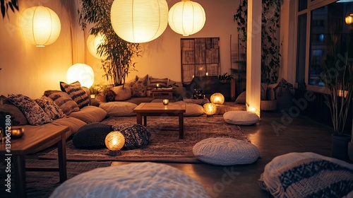 A hygge retreat with a floor cushion seating area surrounded by low wooden tables