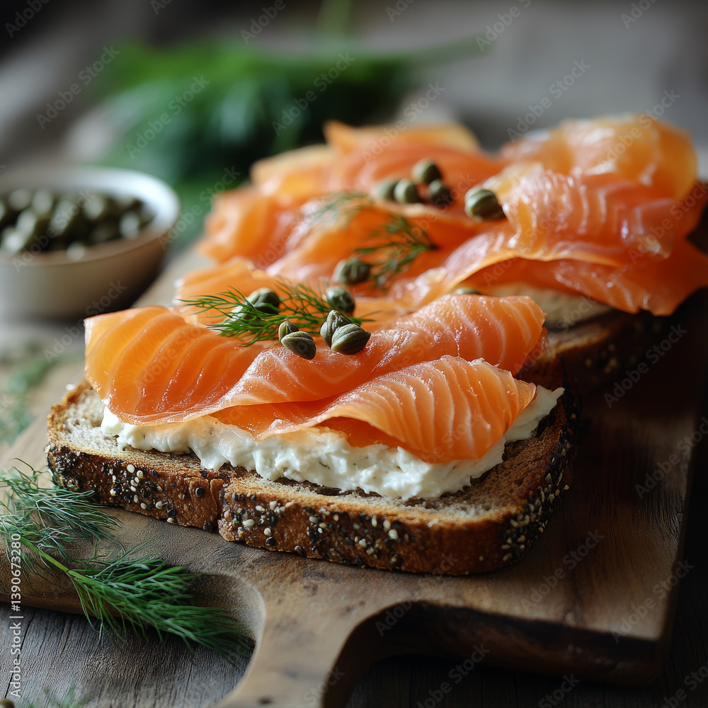 Smoked salmon on bread with cream cheese and dill garnish. Smoked salmon on bread with cream cheese and dill garnish.